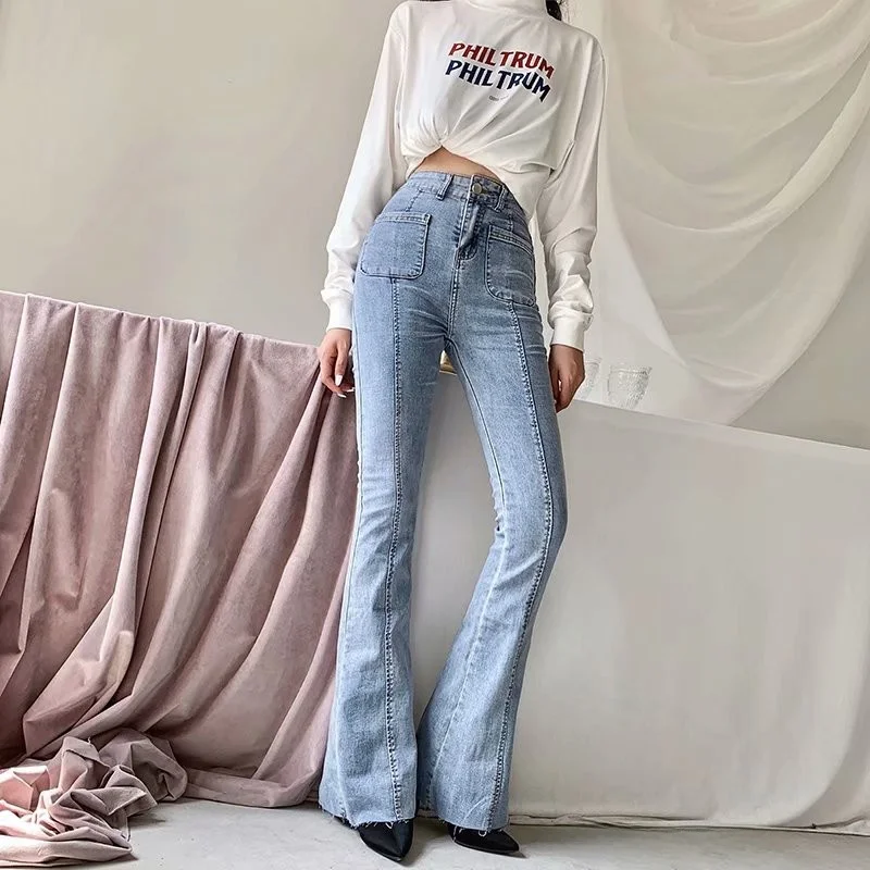 

High Waist Flared Jeans Elastic Floor-Length Trousers Tight Fit Spring Autumn New Style Women's Denim Pants Long Pants