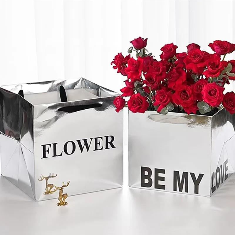 Flower Bag Mirror Silver Kraft Portable Flower Box Waterproof Paper Handy Gift Bag Handbag Wedding Rose Party Gift Packaging