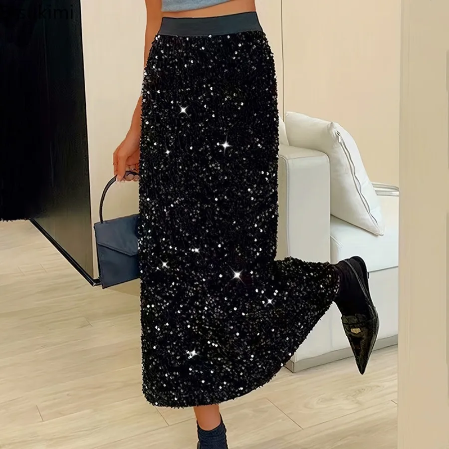 New Women Black Sequin Straight Maxi Skirt High Waist Slim Elegant Skirt Sparkly Party Stage Commute Versatile Casual Long Skirt