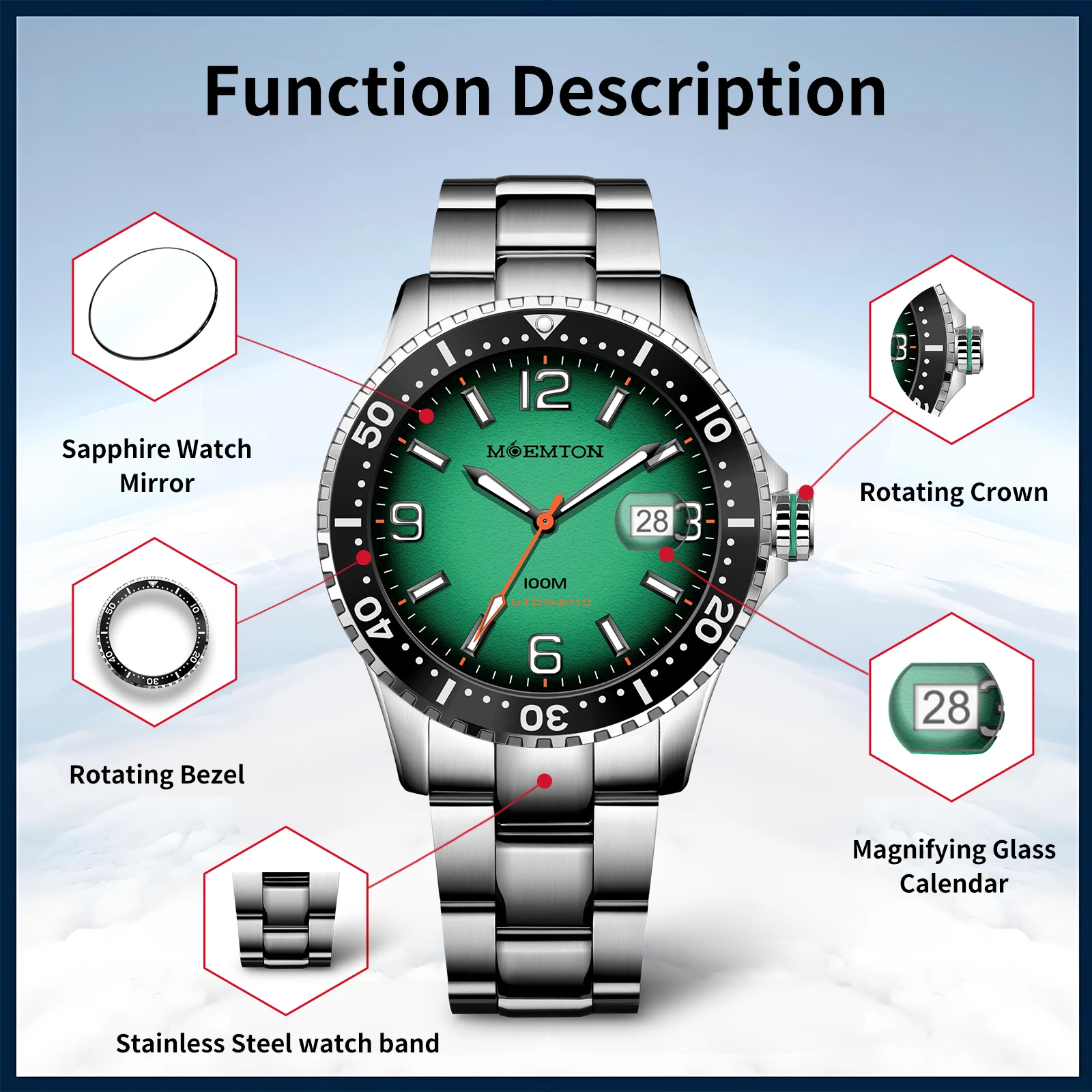 MOEMTON Automatic Mechanical watch Luminous Sapphire Glass 100M Waterproof Dive Men Watch Stainless Steel reloj hombre