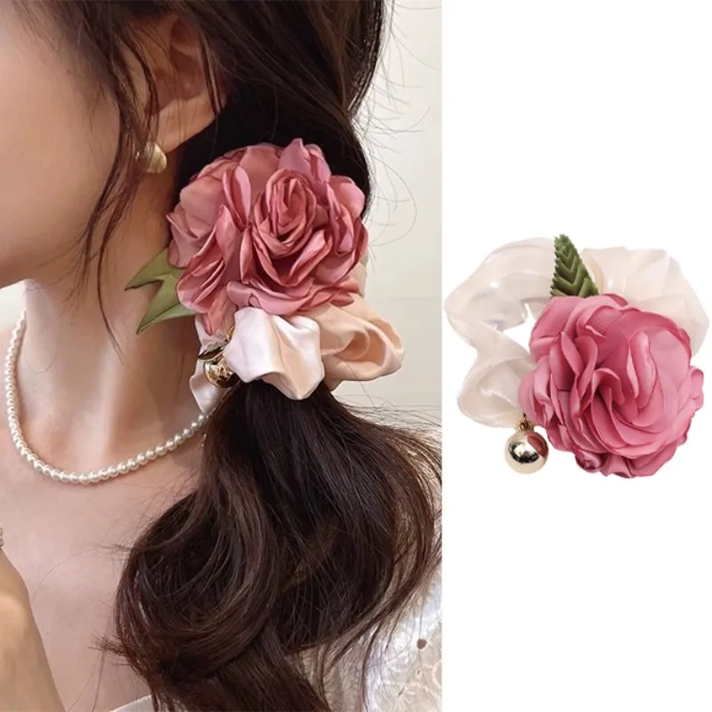 Vintage Big Flower Hair Ring Women Girl Sweet Red Elastic Rubber Band Elegant Comfortable Casual Headband Fashion Hair Accessory