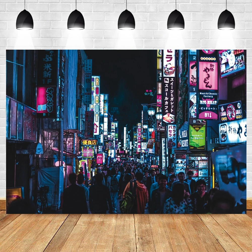 Japanese Street Scene Background Vintage Retro Tokyo Nighttime Tall Buildings Industrial Decor Photography Backdrop Photo Studio