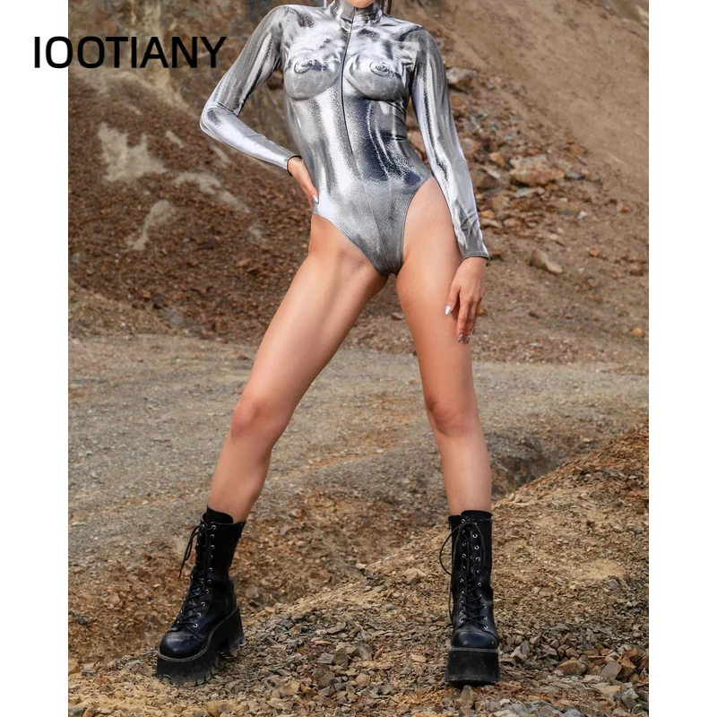 IOOTIANY Multicolour Holiday Party Women Sexy Bodysuit Beach Zipper Long Sleeved Printed Swimsuit Rainbow Bathing Suit Jumpsuit