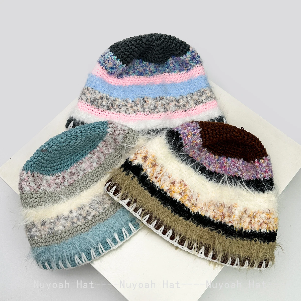 Новые женские корейские красочные полосатые плюшевые вязаные шапки, теплые уличные модные рыбацкие шапки в стиле ретро, повседневные универсальные цветные блоки ins