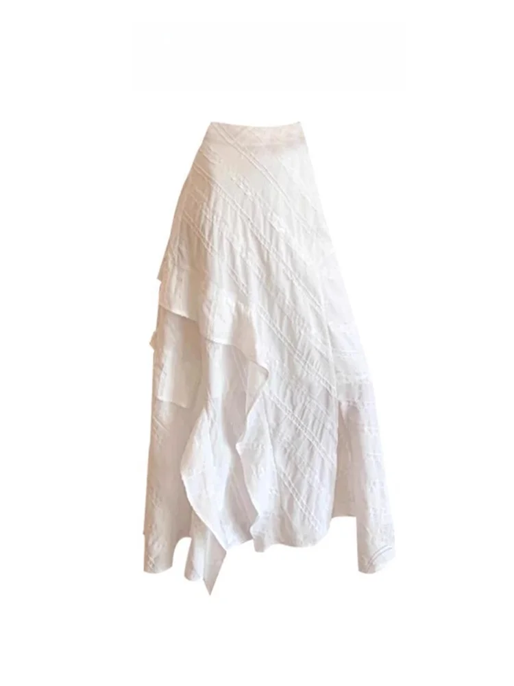 

White Asymmetrical High Waist A-Line Skirt for Women Summer Vacation Split Design Korean Style Commute Pure Color