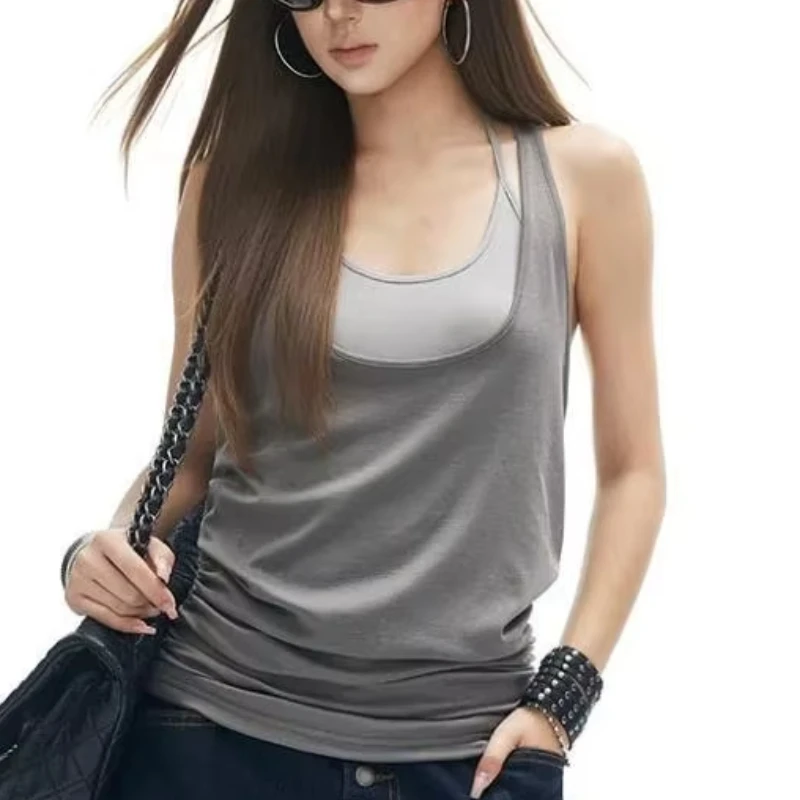 European American Fake Two Piece Sexy Spice Girl Vest Neck Hanging Layered Design Slim Fit Revealing Top Summer Sleeveless Vest