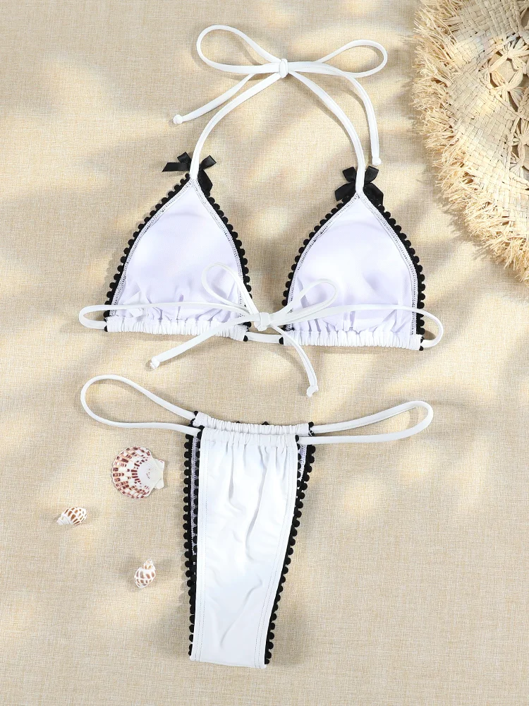 Micro Bowknot Bikinis Set for Women Patchwork Swimsuit Summer Beach Wear White Thong Swimwear Swimming Bathing Suit 2024