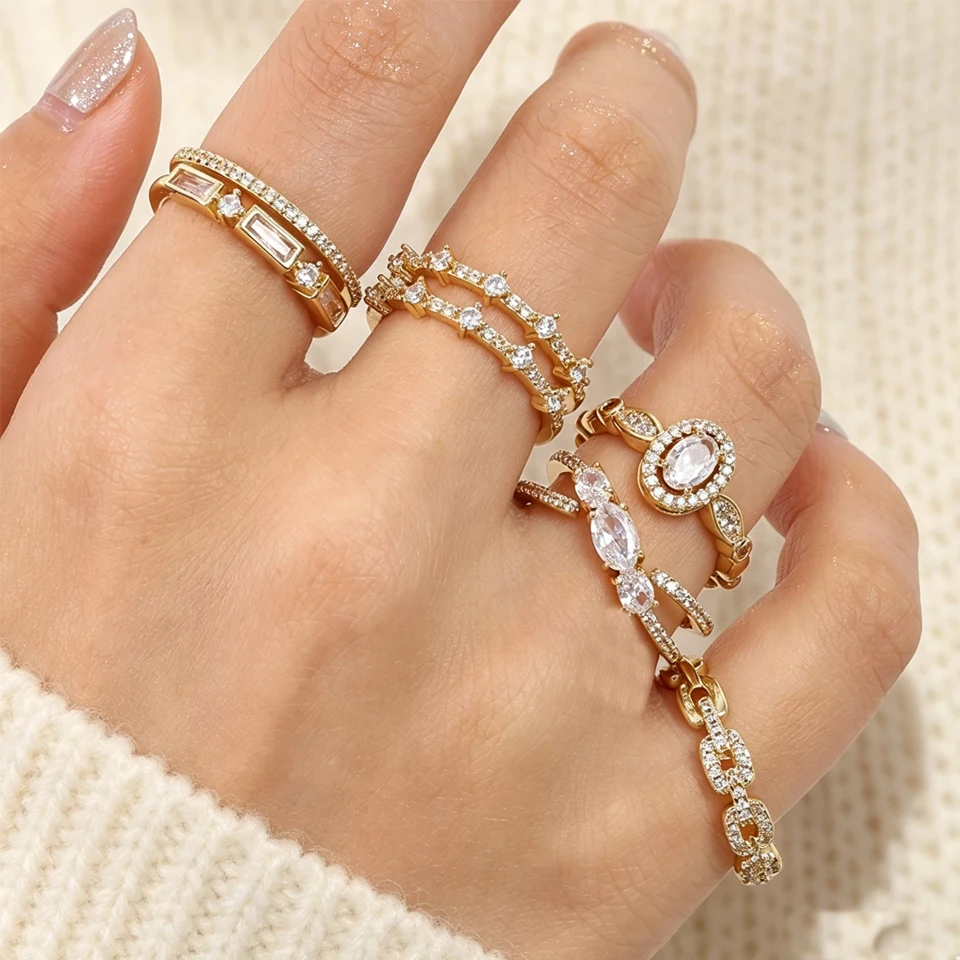 ZAKOL 5 Styles Golden Gorgeous Zircon Open Rings for Women Shining Geometric Crystal CZ Engagement Proposal Ring Gift