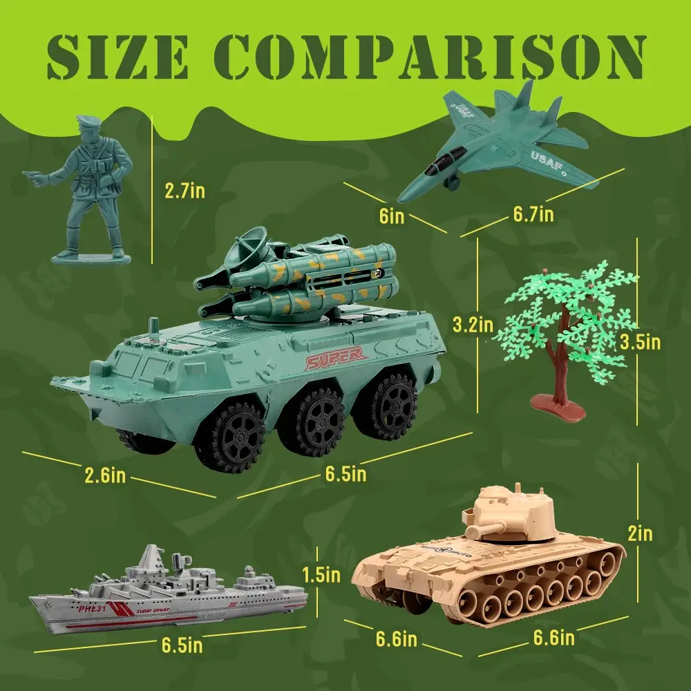 ViiKONDO Army Men Toy Military Playset Green Tan Soldier 48pcs Storage Bucket Modern War Tank Jet Warship Model Kid Wargame Gift