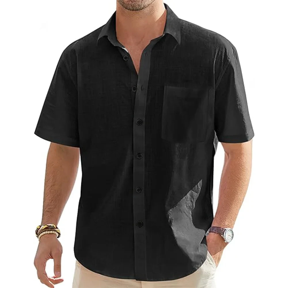 

2024 men's linen short sleeved shirt casual lightweight button up shirt summer top with pockets