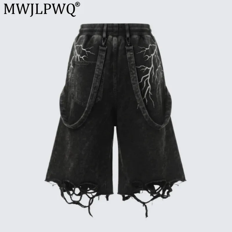 MWJLPWQ American-Style Distressed Denim Cropped Pants Men Branch Print Frayed Hem Tassel Men's Workwear 2026 Autumn Summer 17967