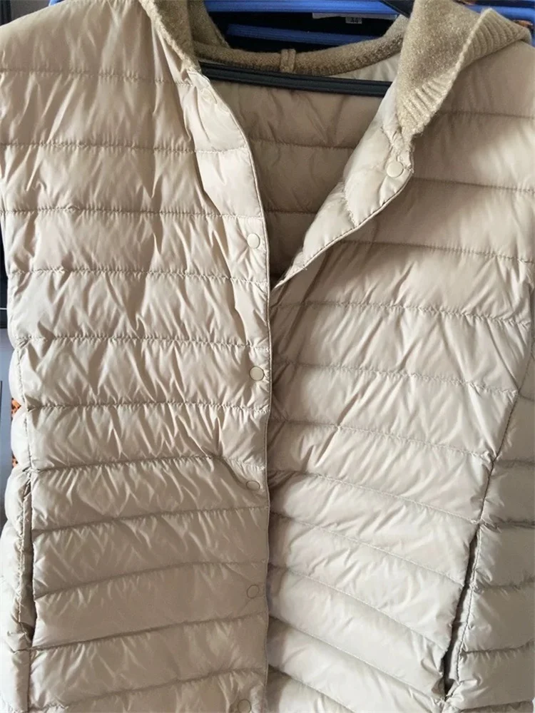 Winter Knitted Patchwork Hooded Down Waistcoat Jacket Women Light Thin White Duck Down Vest Coat Lady Warm Sleeveless Short Tank