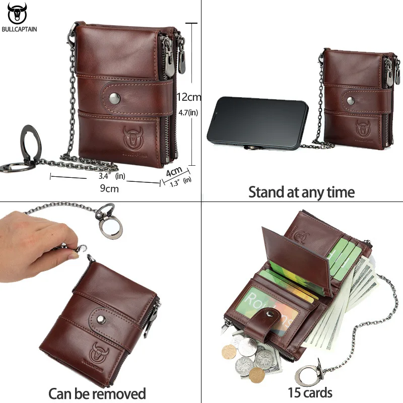 Real leather vertical square short wallet buckle zipper multi-card multi-function large capacity chain wallet