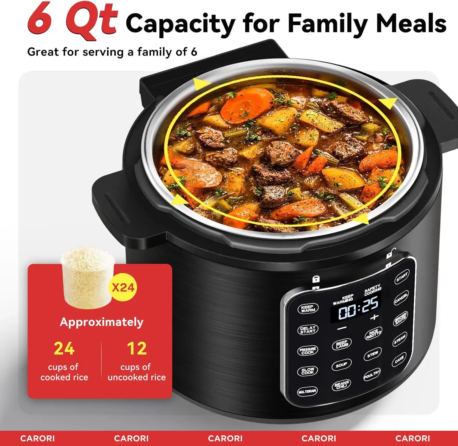 طنجرة ضغط كهربائية 9 في 1 سعة 6 كيو تي، وعاء داخلي من الفولاذ المقاوم للصدأ، 12 طباخ متعدد الوظائف قابل للبرمجة مع تصميم آمن للتنفيس، Ri