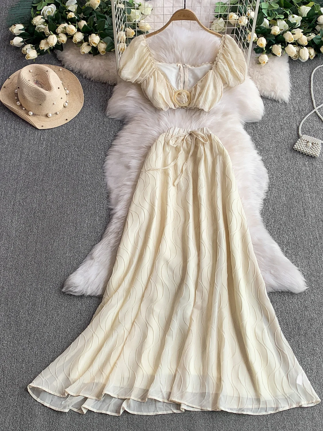 

Vacation Style Sexy Lace Trim V-neck Bubble Sleeve Shirt Design High Waist Slimming Long Dress Set Women's Fashion Summer Outfit