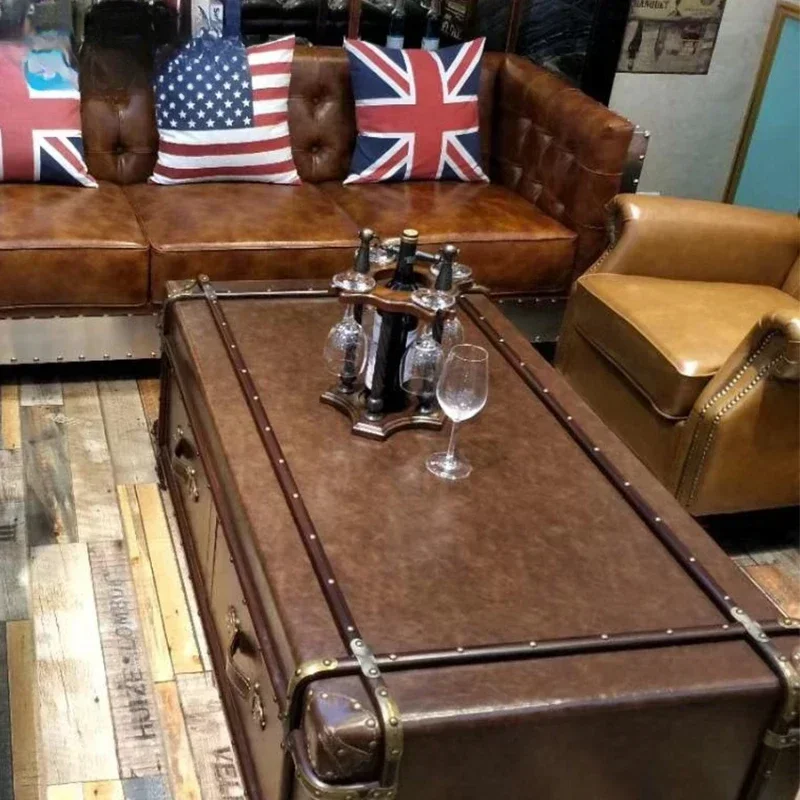 

Coffee Table Genuine Leather Box Rattan French Style Mid-Ancient Coffee Table Cigar Bar Studio