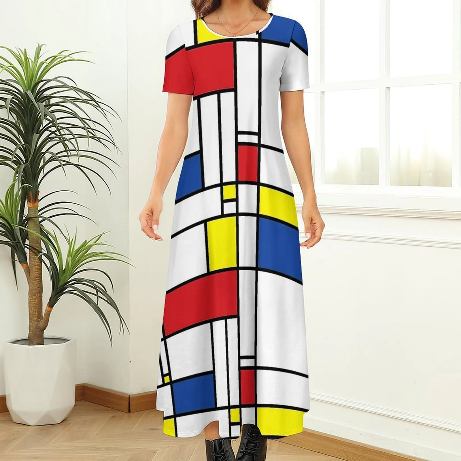 Mondrian Minimalist Dress De Stijl Modern Art Maxi Dress Female Short Sleeve Funny Boho Beach Long Dresses Big Size 6XL 7XL