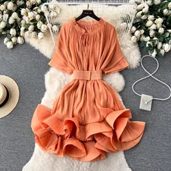 2024 Designer Fashion Summer Vacation Asymmetrical Dress For Women O Neck Short Sleeve Ruffles Loose Party Mini Dress With Belt