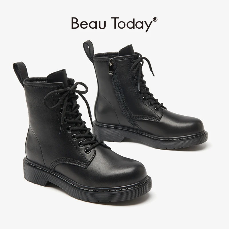 

BeauToday Combat Boots for Women Cow Leather Side Zipper Fur-inside Round Toe Winter Ladies Warm Platform Shoes Plus Size B04218