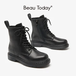 BeauToday Combat Boots for Women Cow Leather Side Zipper Fur-inside Round Toe Winter Ladies Warm Platform Shoes Plus Size B04218