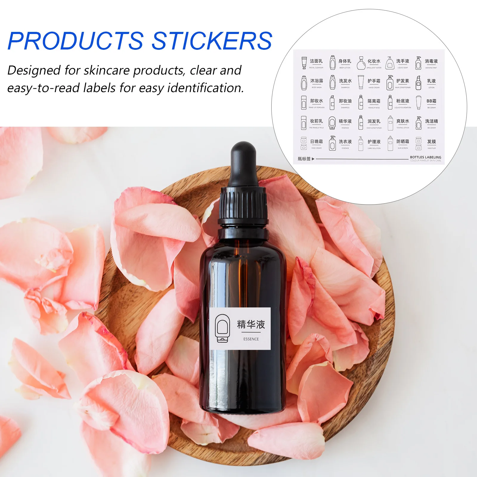 

8 Sheets Waterproof Skincare Label Stickers Paper Self Adhesive Bathroom Toiletries Bottle Identification Sticker