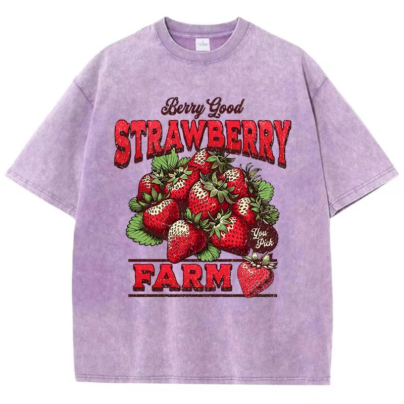 

Cotton Womans Acid Wash T-Shirts Strawberry Farm Retro Prints Tees Comfortable Crewneck Oversized Tops Fashion Female Clothes