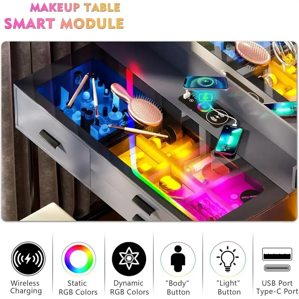 Wireless Charging LED Vanity Desk with Dimmable Lights, Glass Top, and Stool