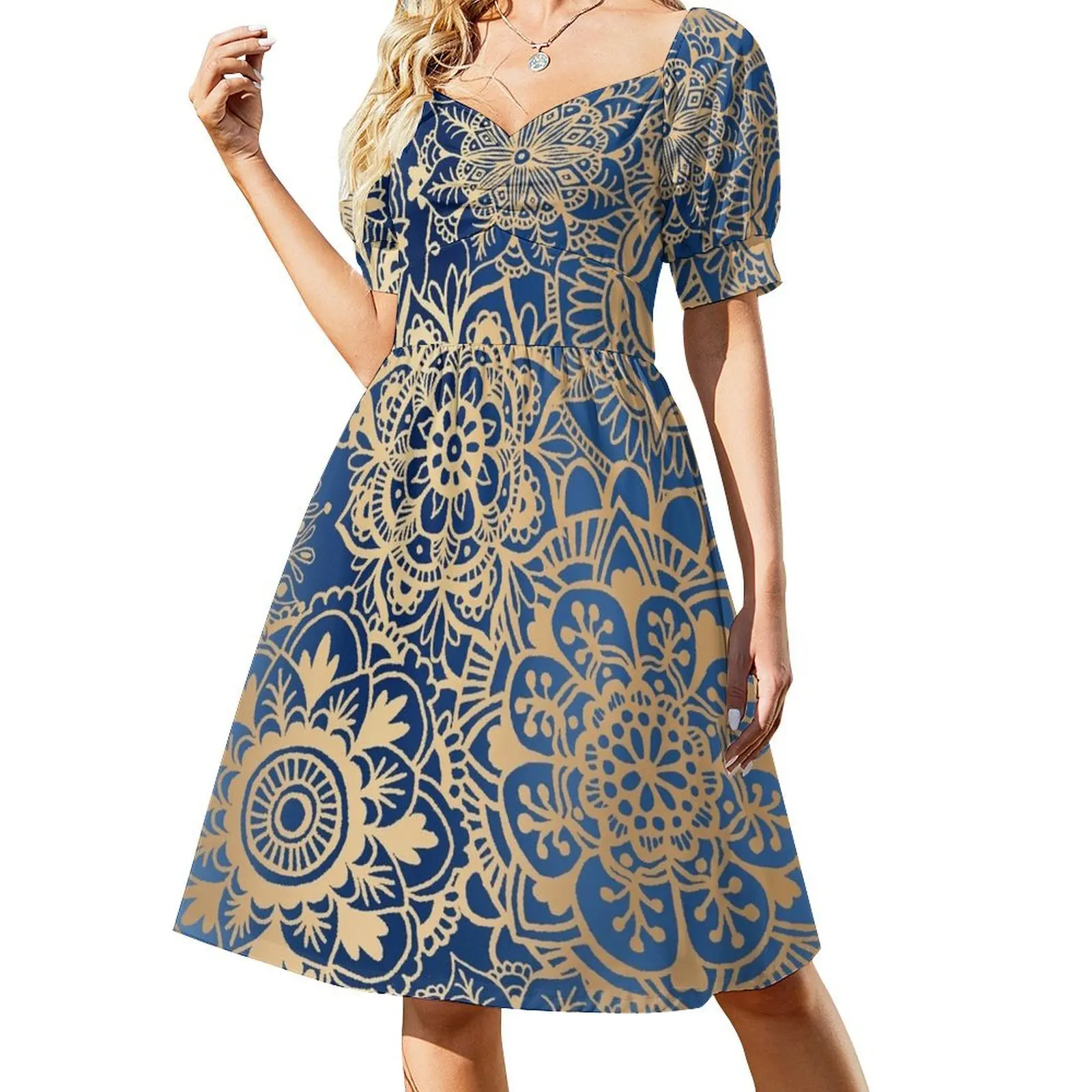 Blue and Gold Mandala Pattern Short Sleeved Dress Prom gown woman dress Dress