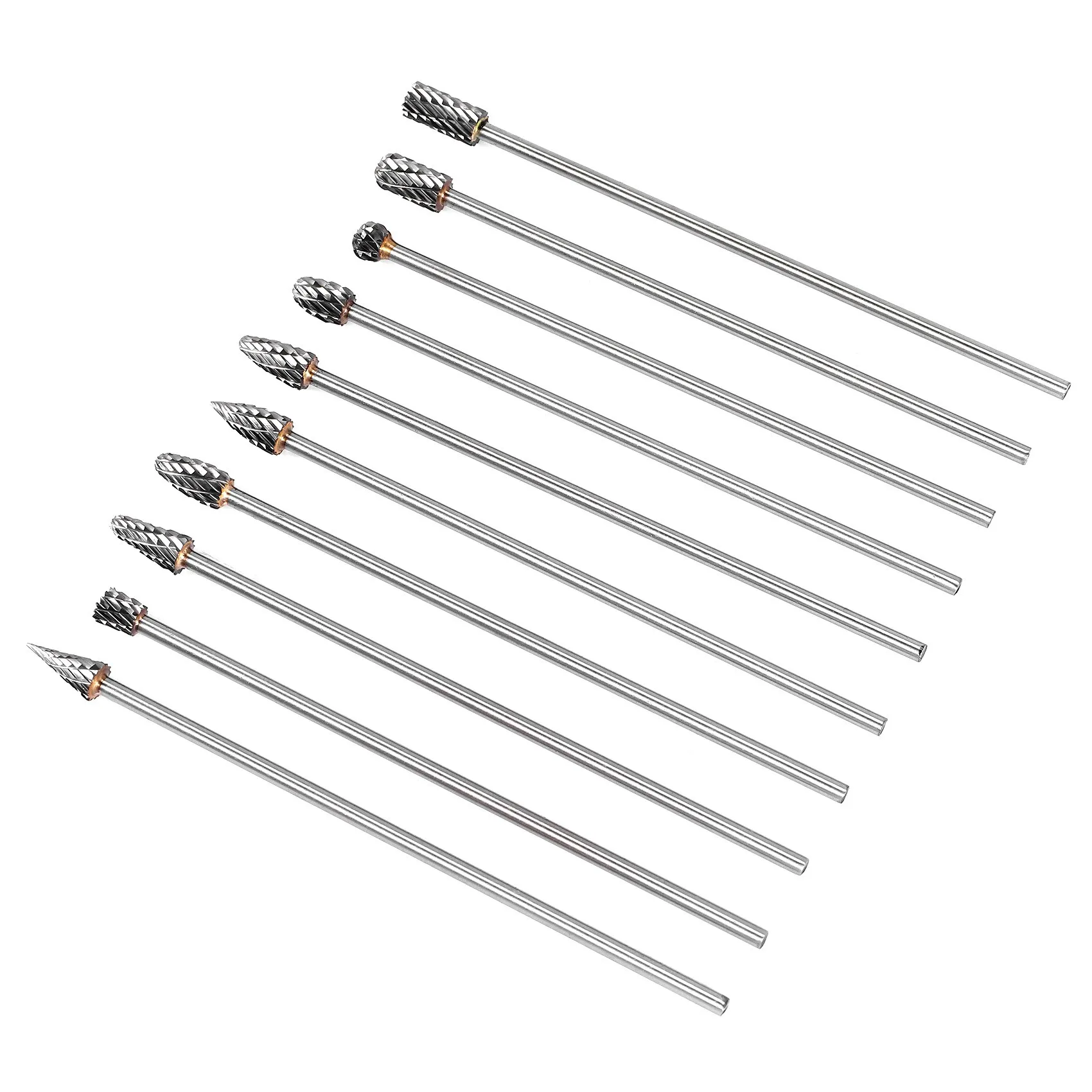 Set di frese rotanti in carburo solido di tungsteno a doppio taglio lungo da 10 pezzi da 4 pollici Set di punte elicoidali con gambo da 1/8 di pollice (3 mm) per utensili rotanti