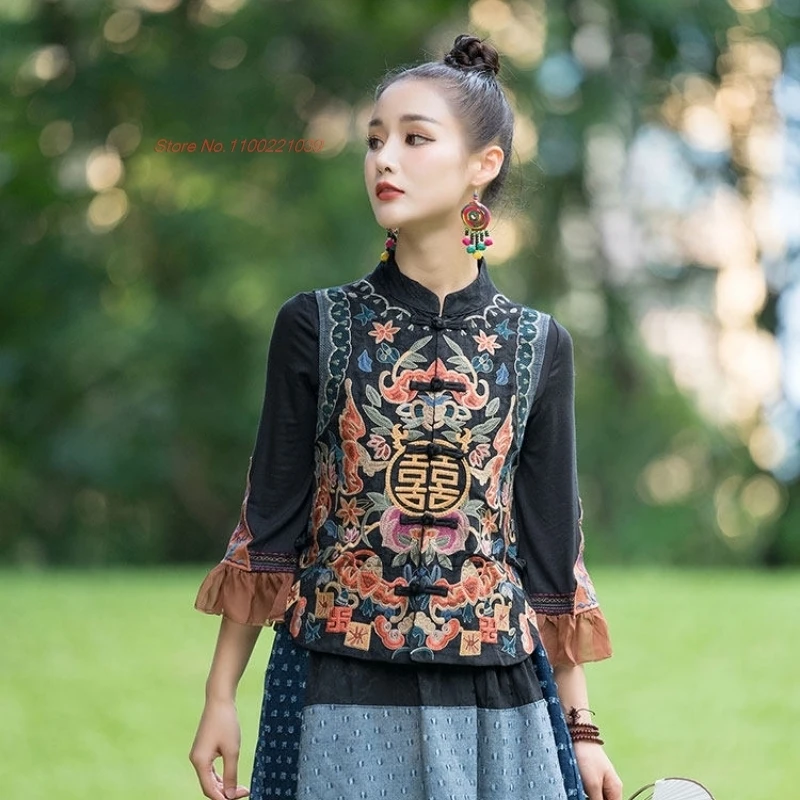 

2026 national flower embroidery cotton linen jacquard vest traditional stand collar folk vest sleeveless jacket ethnic vest