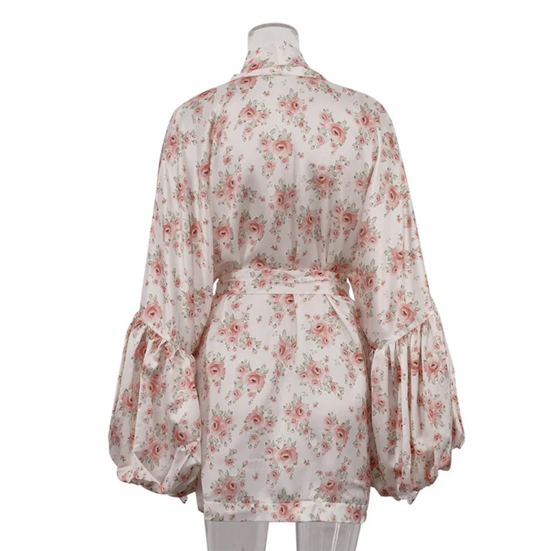 ALPHALMODA 2025 Nouveau, grandes manches bouffantes, imprimé floral, femmes, mode, robe en satin, style ouvert, ceinturé, décontracté, robe courte