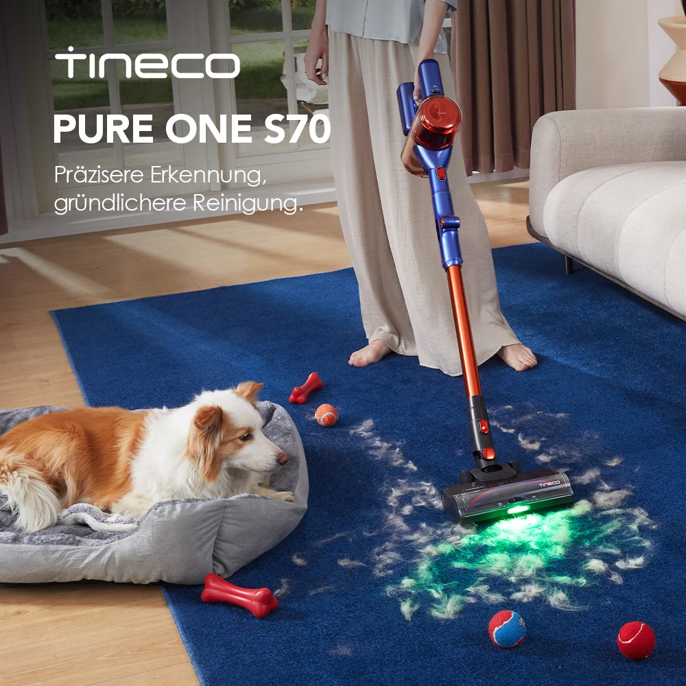 Tineco Pure ONE S70 Akku Staubsauger, 200 AW, LED, 3DSense Pro Reinigungssystem, Biz zu 95 Min. 6-stufiges Filter, ZeroTangle-Bürste, Intelligenter Kabelloser Handstaubsauger (Orange)