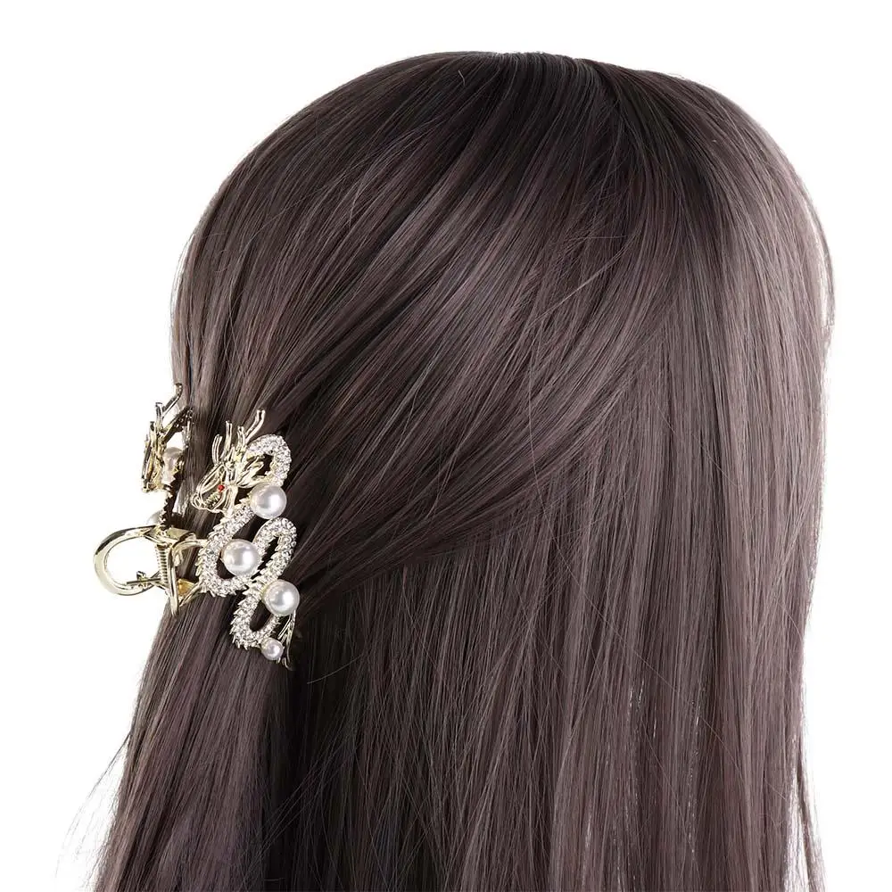 

Cute Pearl Zodiac Dragon Hair Claw Hairpin New Year Headwear Animal Hair Clip Grab Clip Headdress Rhinestone Shark Clip Female