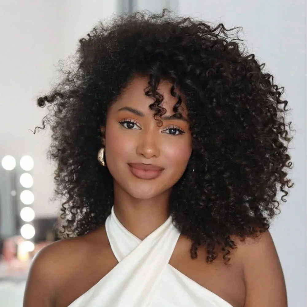Peluca de media cabeza Jerry Curly de cabello humano 3 en 1, densidad 250, para mujeres, sin costuras, con cordón ajustable, cabello humano, color negro natural