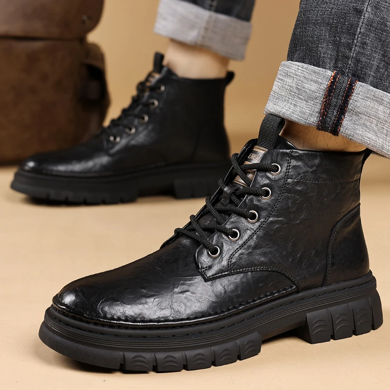 Men's Shoes 2025 Hot-Selling Genuine Leather Autumn and Winter Fleece-Lined Chelsea Leather Boots Men's High-Top Sneakers Men's