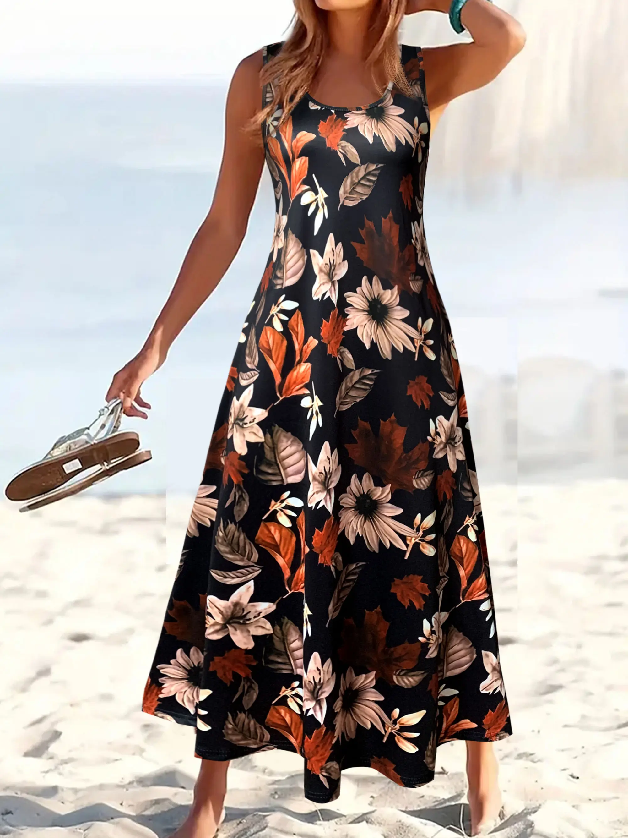 Ärmelloses Blumen-Maxikleid für Damen, schwarze Basis mit Blumen- und Blattdruck, fließendes Strandurlaubsoutfit, lässiges Sommer-Sommerkleid