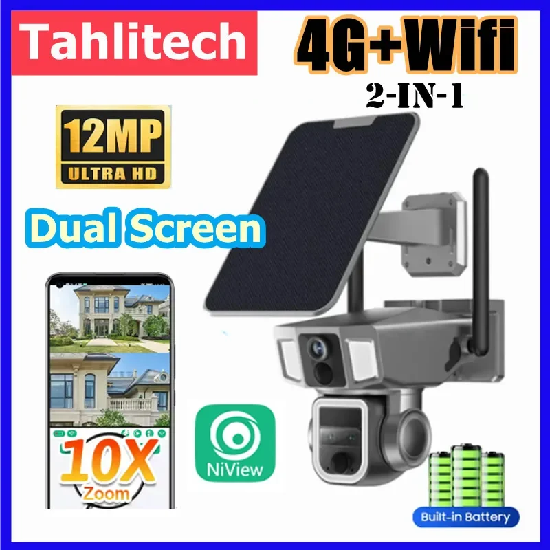 12MP Dual Screen 2in1 4G Solar Security Camera Outdoor PTZ WIFI Camera 3Lens 10XZoom Dual PIR Human Detection CCTV Camera Solar