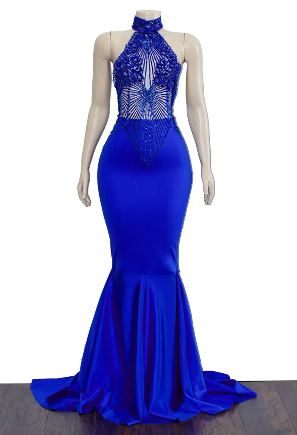 Afrikanische Royal Blue Mermaid Abendkleider Satin High Neck Schwarz Mädchen Abendkleid Perlen Applique Formale Party Vestido Nach Maß