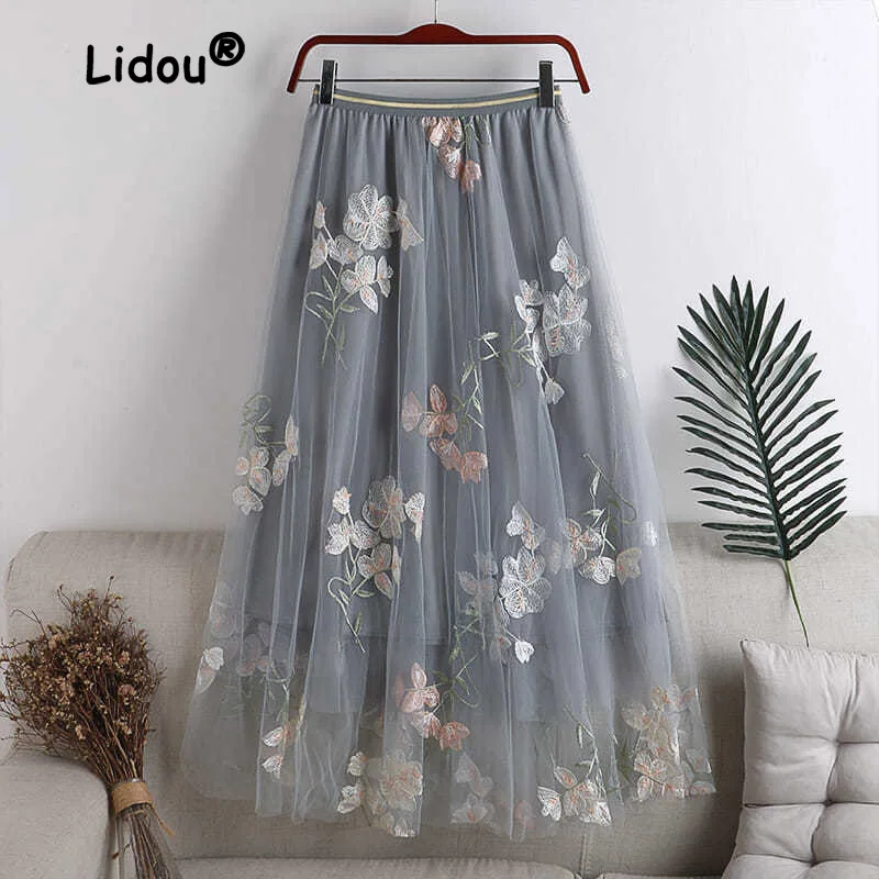 

Fashion Summer New Classic Slim Elastic Waist Large Swing Double Layer Mesh Embroidery Mid Length Half Length Skirt Women