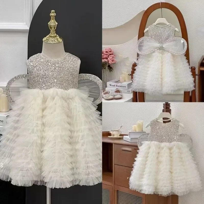 Girl's sequined princess dress 2025 new spring and summer outfit, children's fluffy wing dress, angel veil dress