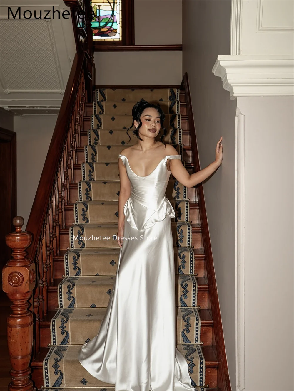 Mouzhetee A-Line Elegant Off The Shoulder Pleat Satin Wedding Dresses Simple Sleeveless Brides Gown Custom Made 2026