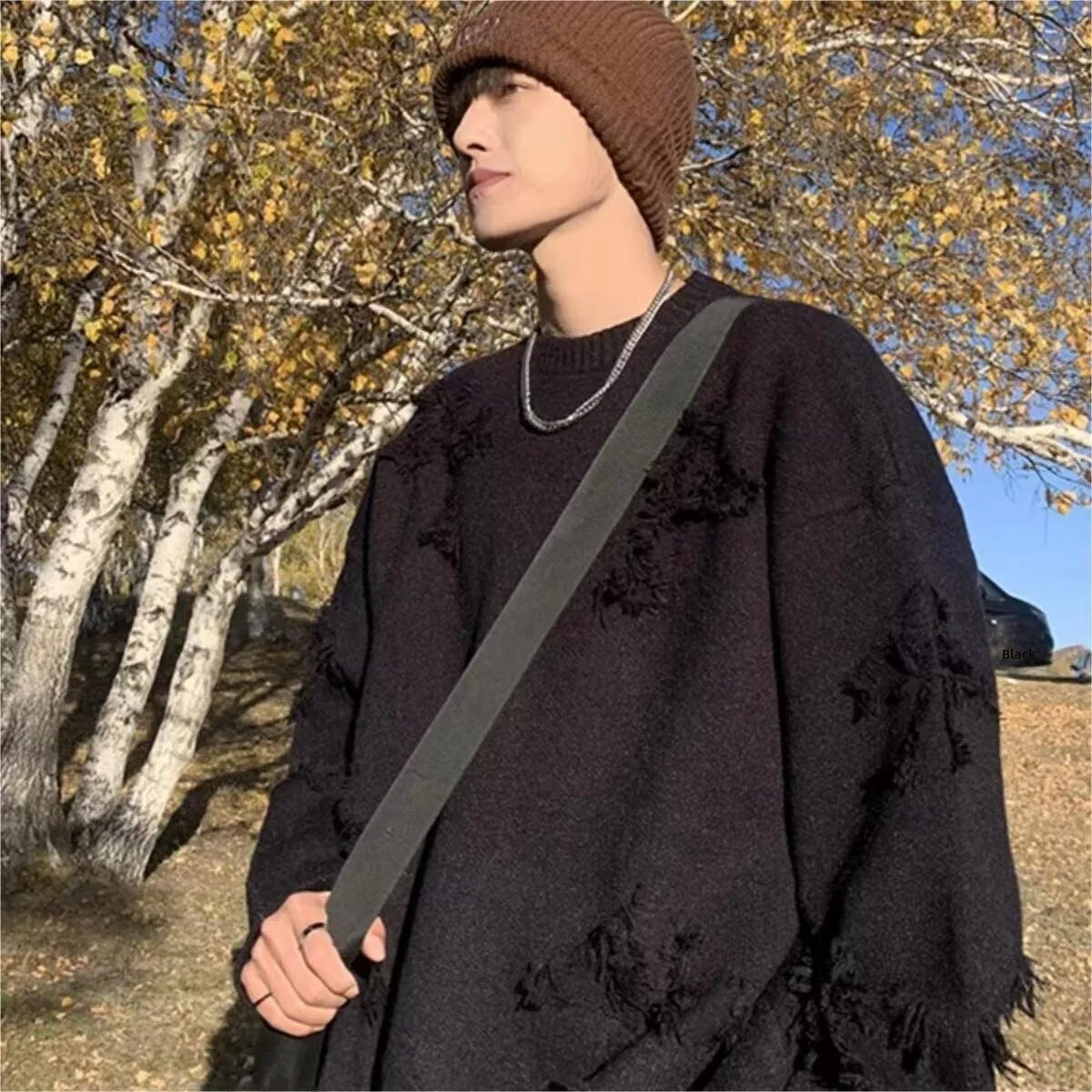 

Свободный мужской вязаный свитер Cross Ne American Destroy Sle, осень-зима, большой размер 250, круглый свитер с кисточками