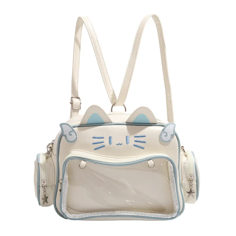 Mochilas escolares para mujer Y2K con estampado de gato de dibujos animados, mochilas japonesas Kawaii dulces, bolsos cruzados de un solo hombro ajustables de alta capacidad