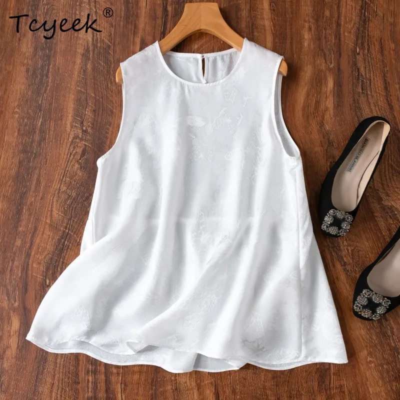 Tcyeek 100% Real Mulberry Silk Tanks Top 2026 Summer White High-end Simple Loose A-shaped Tops Clothing for Ladies Ropa De Mujer