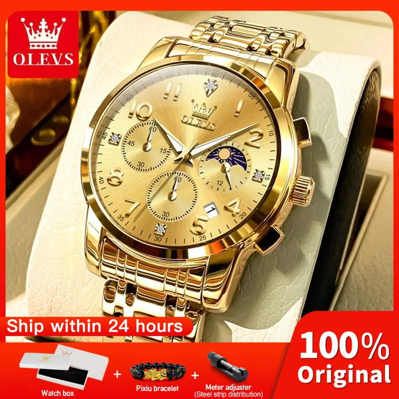 OLEVS 3628 Mens Watch Original Quartz Watch Waterproof Luminous Watch For Men Moon Phase Multifunctional Chronograph Mens Gifts