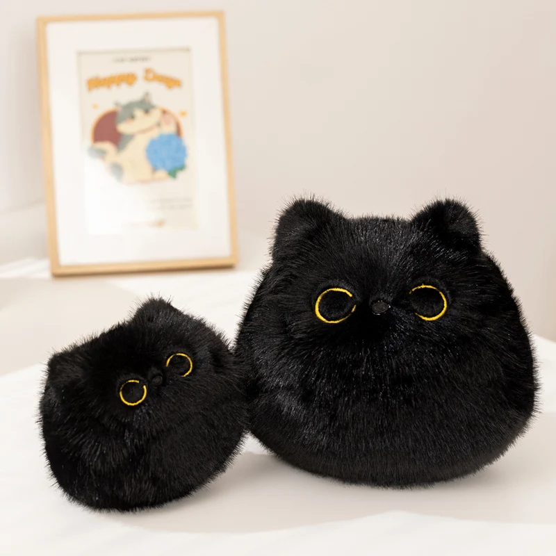 Fluffy Black Cat Plush Toy Round Ball Shaped Kitten Stuffed Doll with Tail Soft Animal Plushie Home Decor for Gifts.