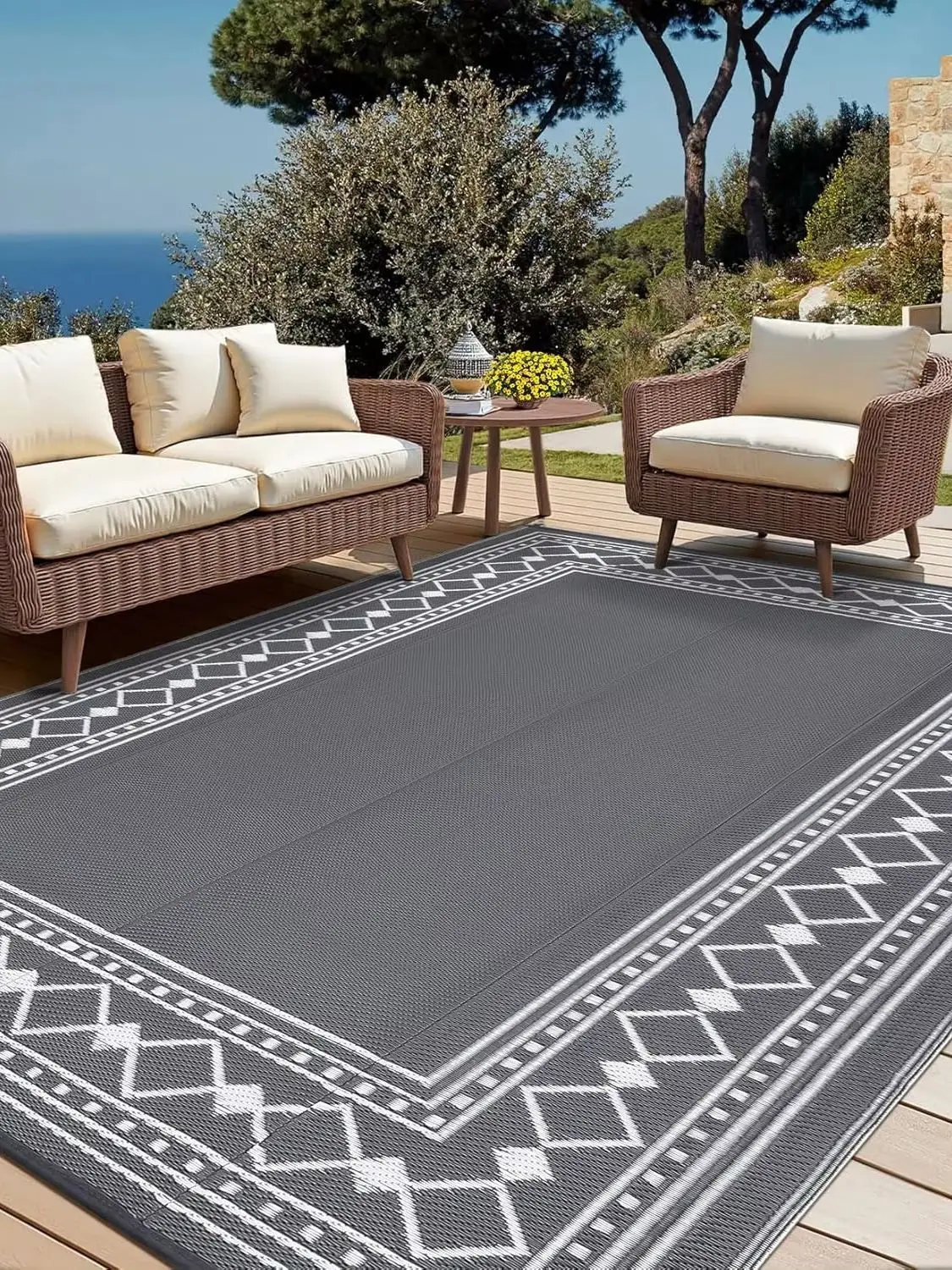 Waterdichte buitenmat met diamantrand, reversibel, van plastic stro, geschikt voor patio, camping, binnen en buiten, RV mat, tapijt voor patio en terras - afbeelding 2