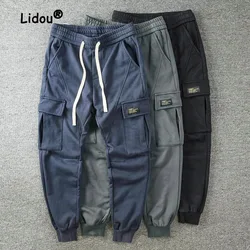 Thick Style Street Casual Men's Drawstring Cargo Pants Multiple Pockets New Classic Stickers Handsome Tide All-match Trousers