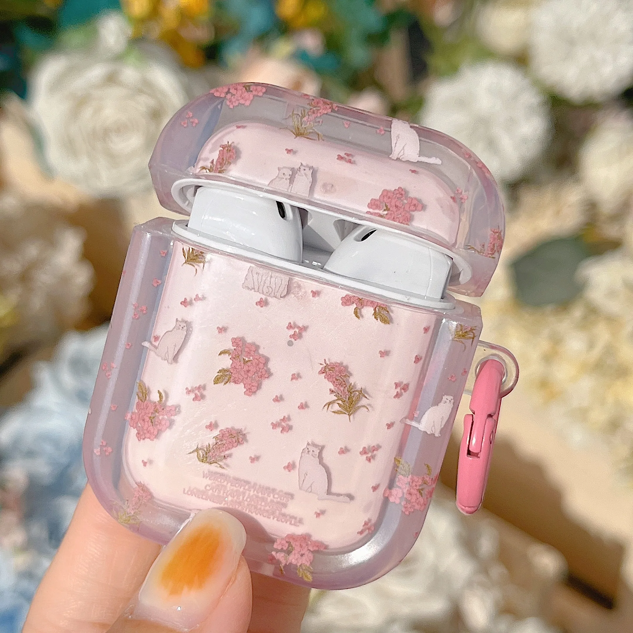 

Pink Flower Cat Cartoon Headphone Case for AirPods 1 2 3 Case Transparent Cover with Keyring Silicone Case for AirPods Pro Cover