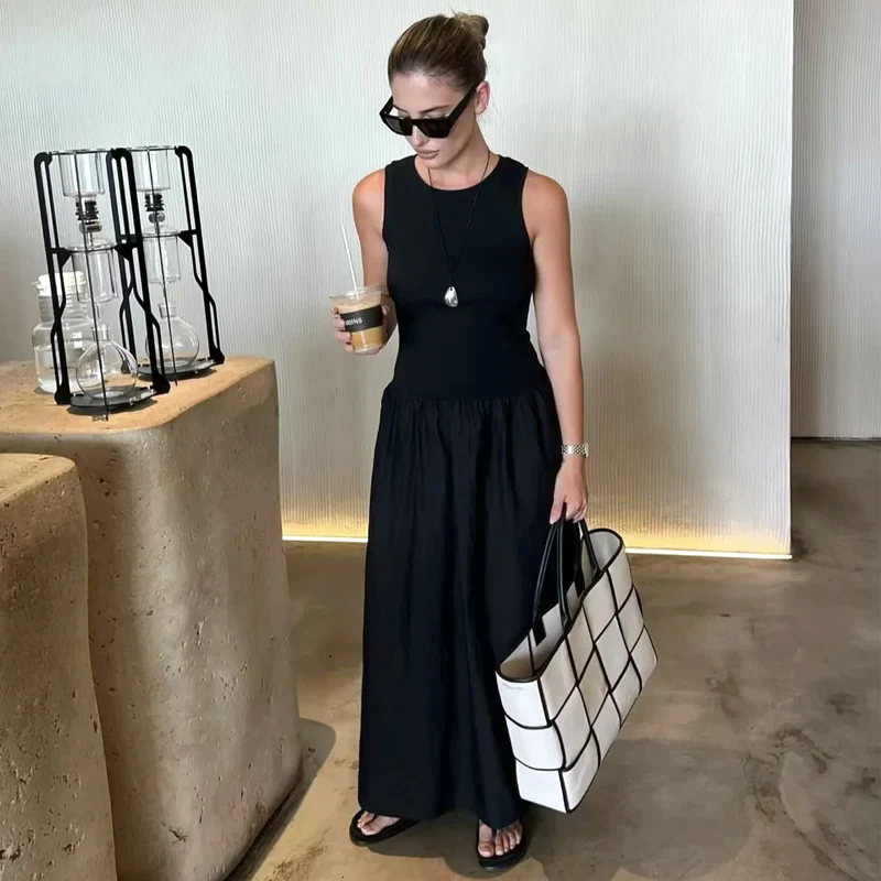 Abiti lunghi neri da donna Abiti eleganti senza maniche primaverili Abiti casual vintage da festa color kaki